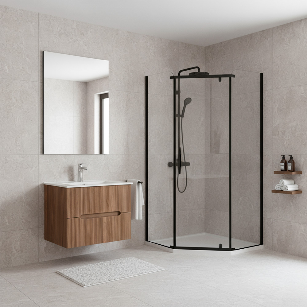 Cabină de duș pentagonală Leziter Celtic 90x90 cm, fără tavă, profil negru