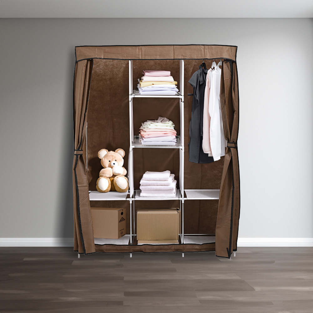 Dulap textil Leziter LGSZ-03, cafea, cu rafturi si bara umerase, 165x125x45 cm