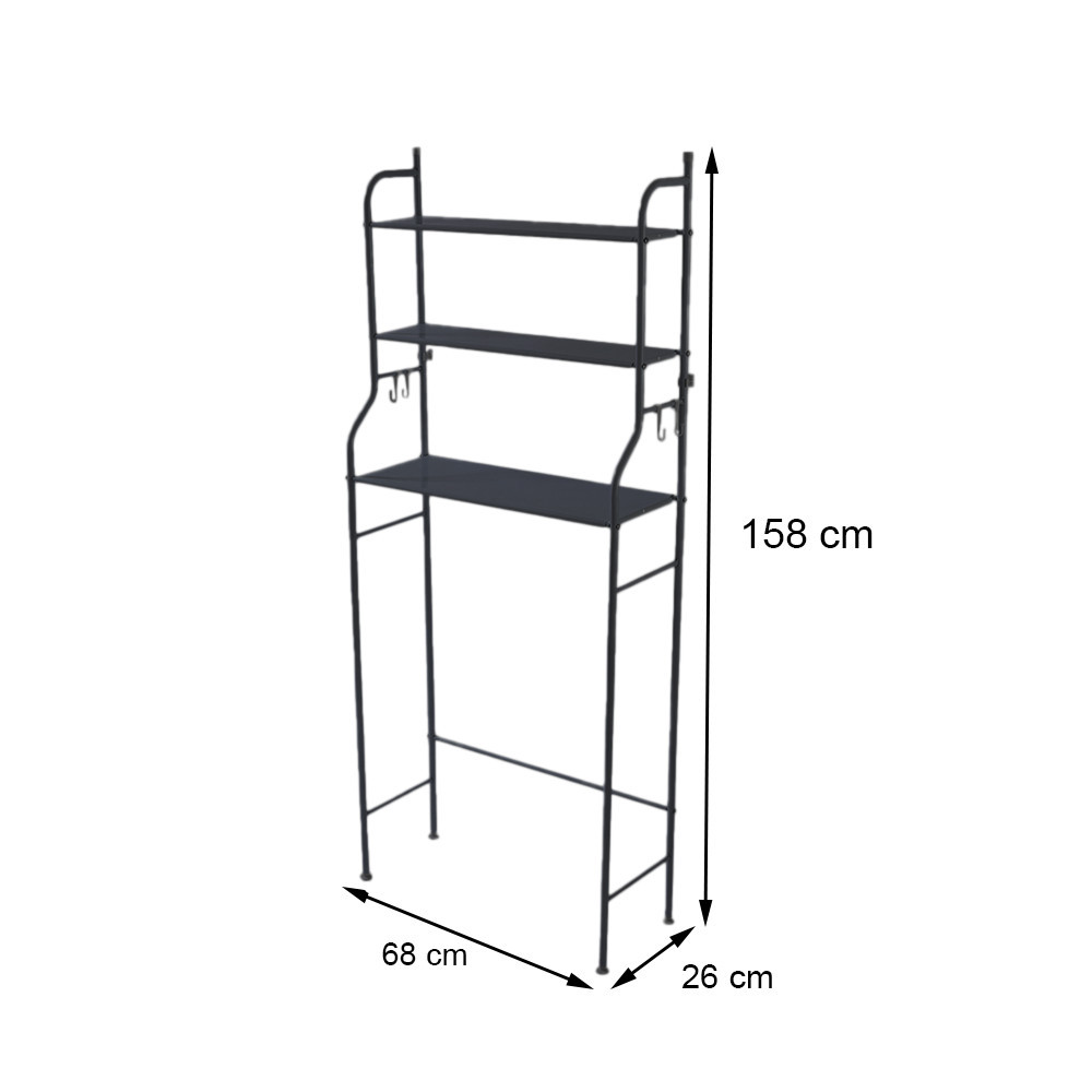 Raft baie Leziter deasupra toaletei, 3 niveluri, metal, negru, 47x25x155 cm