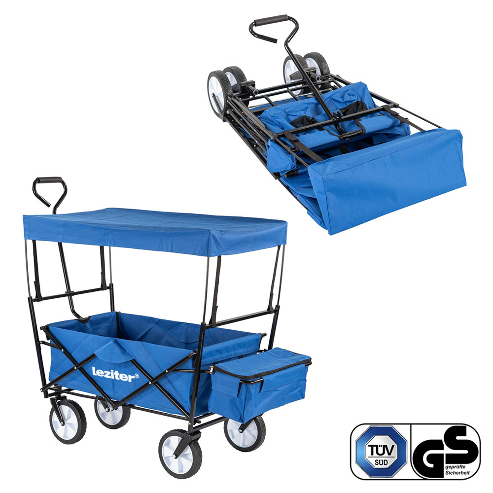Cărucior de plajă pliabil Leziter cu acoperiș albastru, 80 kg, roți 8