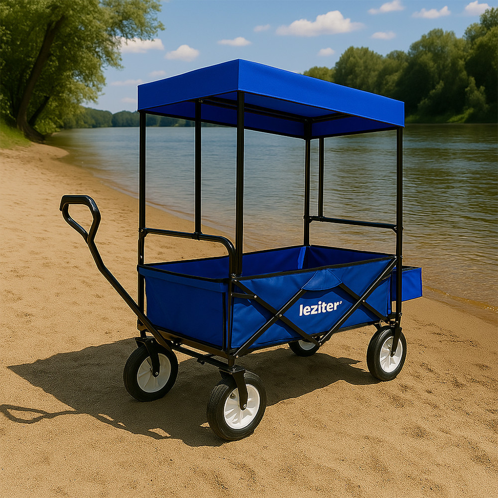 Cărucior de plajă pliabil Leziter cu acoperiș albastru, 80 kg, roți 8