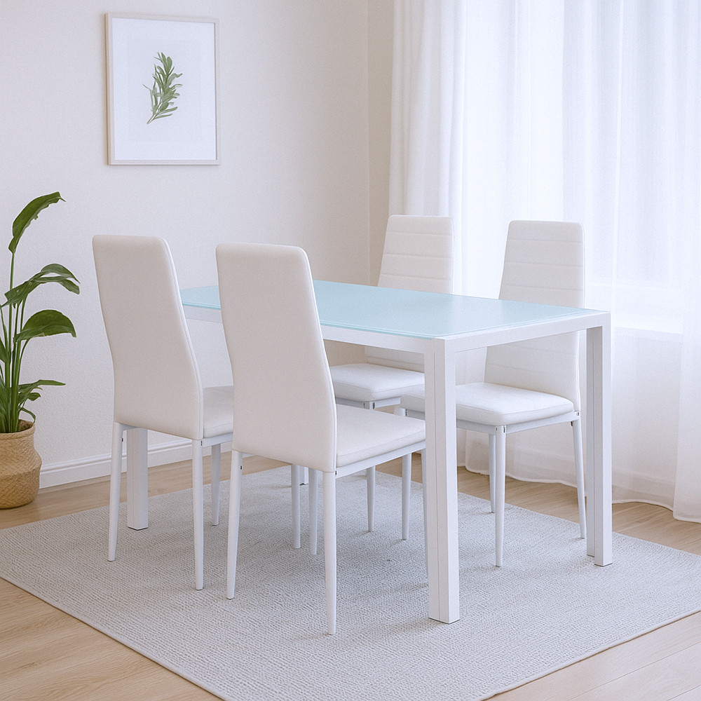Set dining Leziter Liana 4+1 alb cu masă din sticlă securizată și 4 scaune