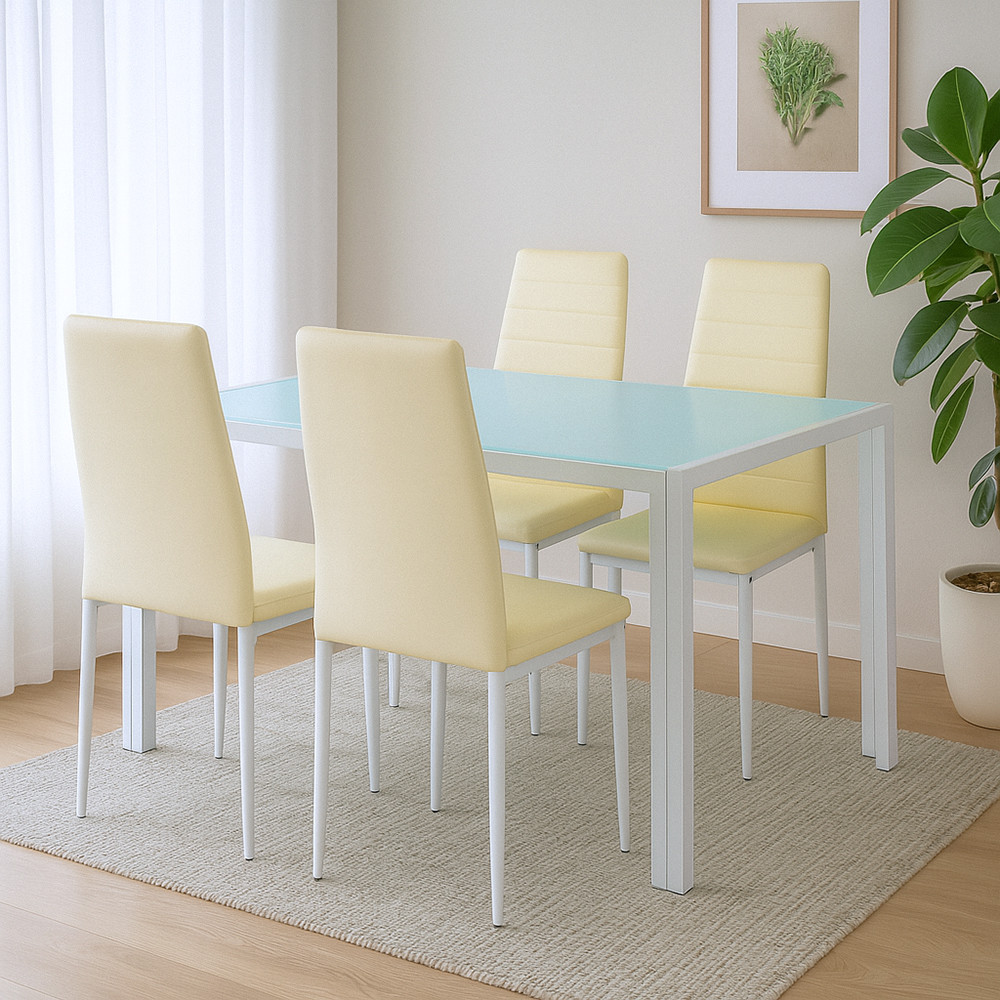 Set dining Leziter Liana 4+1 bej cu masă din sticlă securizată, 4 scaune