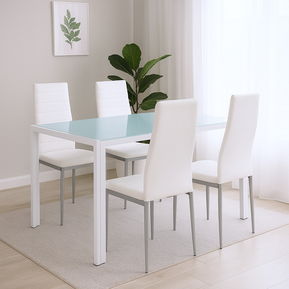 Set dining Leziter Mabel 4+1, masă cu sticlă securizată, alb-gri