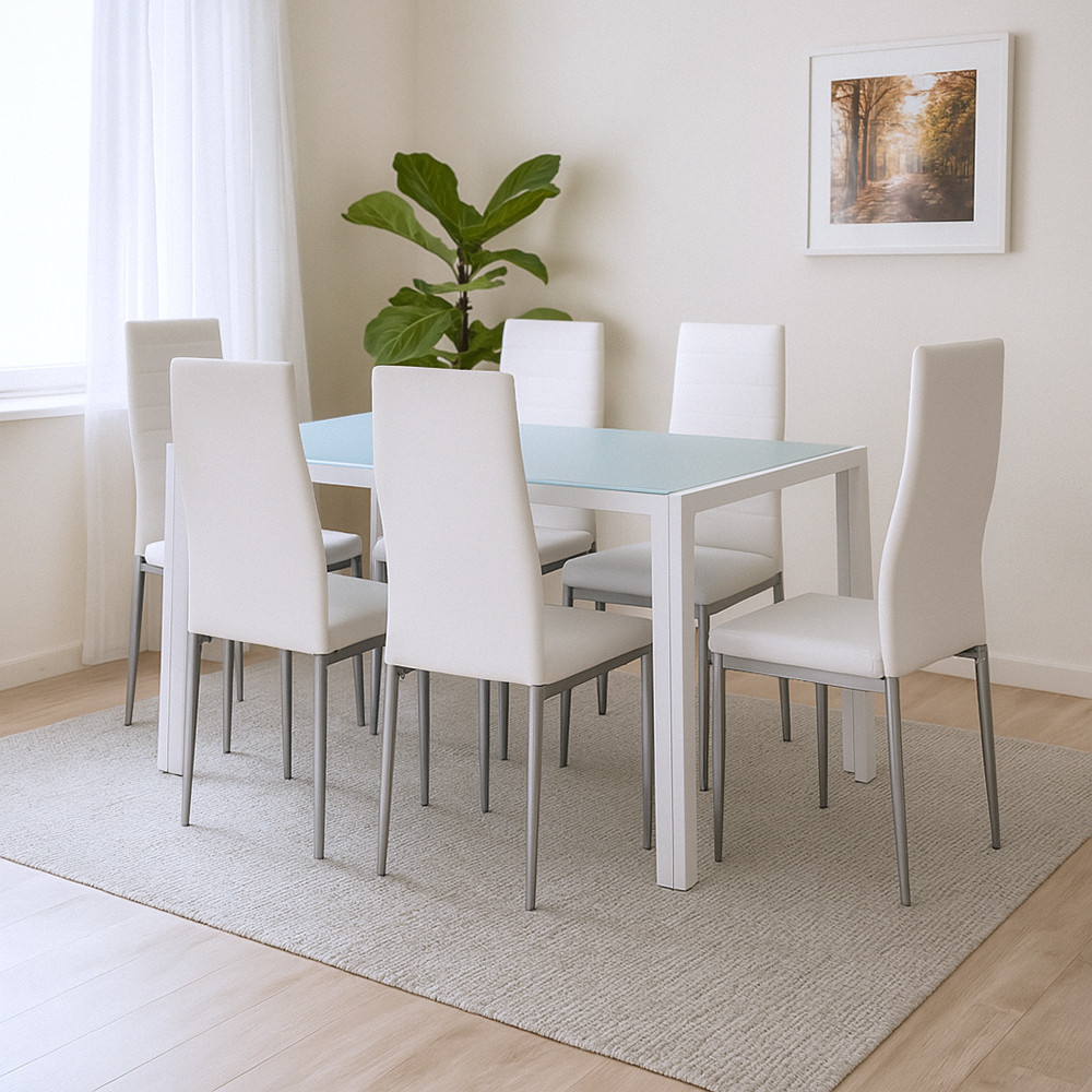 Set de dining Leziter Mabel 6+1, masă cu sticlă securizată, alb-gri