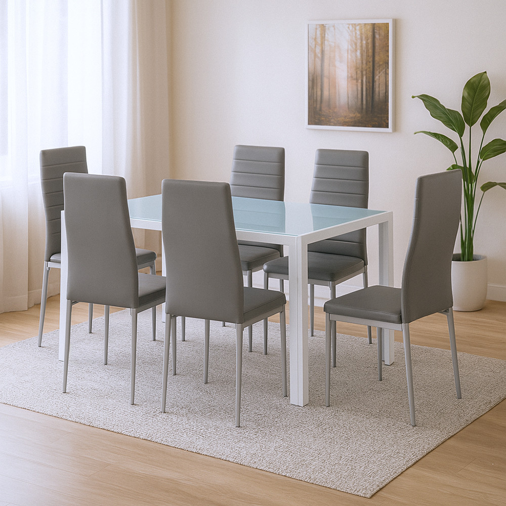 Set de dining Leziter Mabel 6+1 cu masă din sticlă securizată și 6 scaune gri
