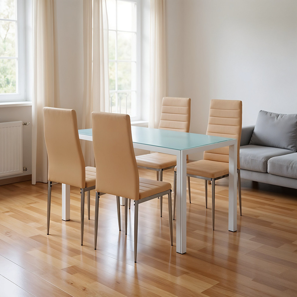 Set dining Leziter Midland 4+1, masă cu sticlă securizată și 4 scaune bej-gri