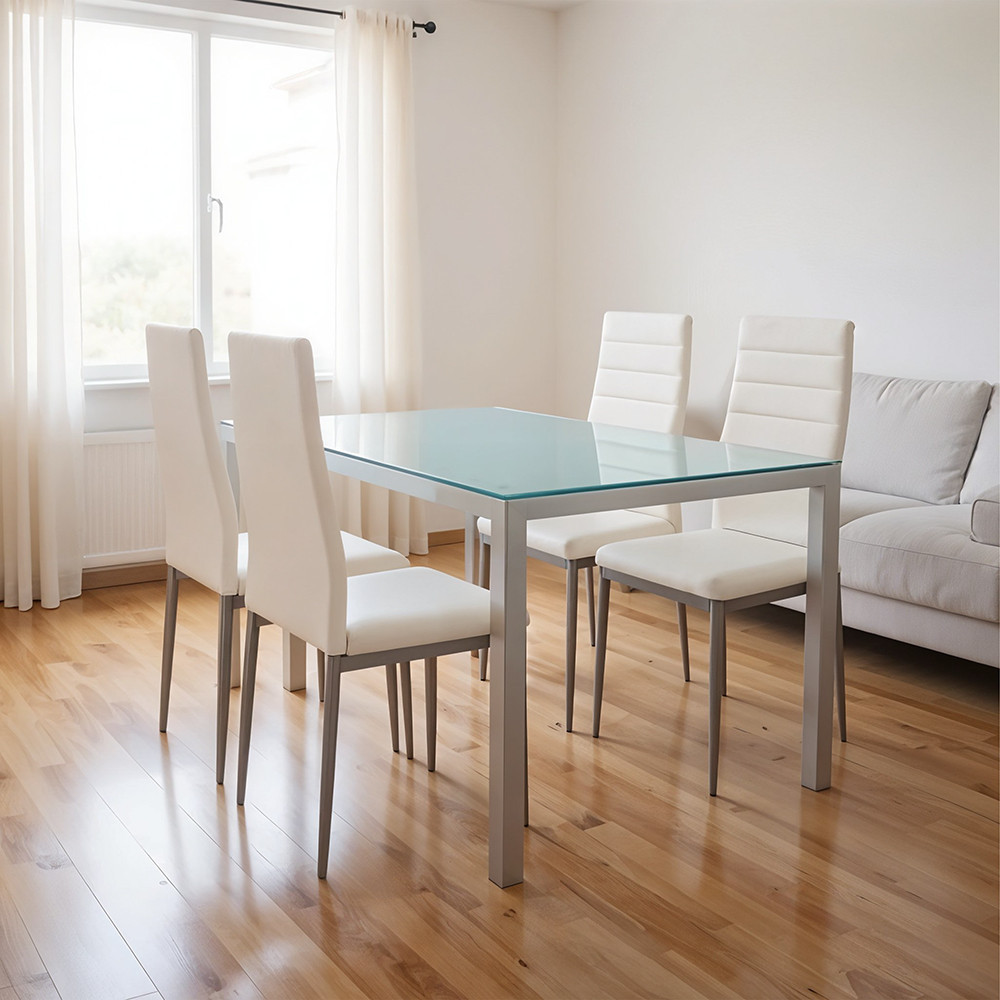 Set dining Leziter Midland 4+1, alb-gri, masa sticla securizata 120x70