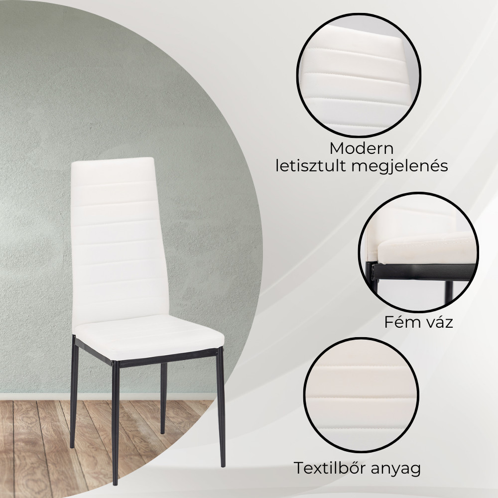 Set dining Leziter Midland 4+1, alb-negru, masă sticlă 120x70 cm