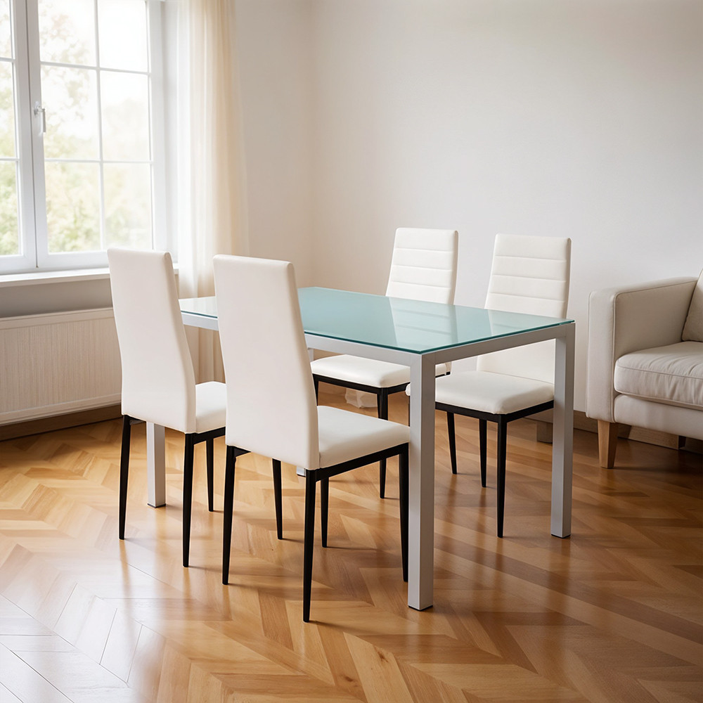 Set dining Leziter Midland 4+1, alb-negru, masă sticlă 120x70 cm