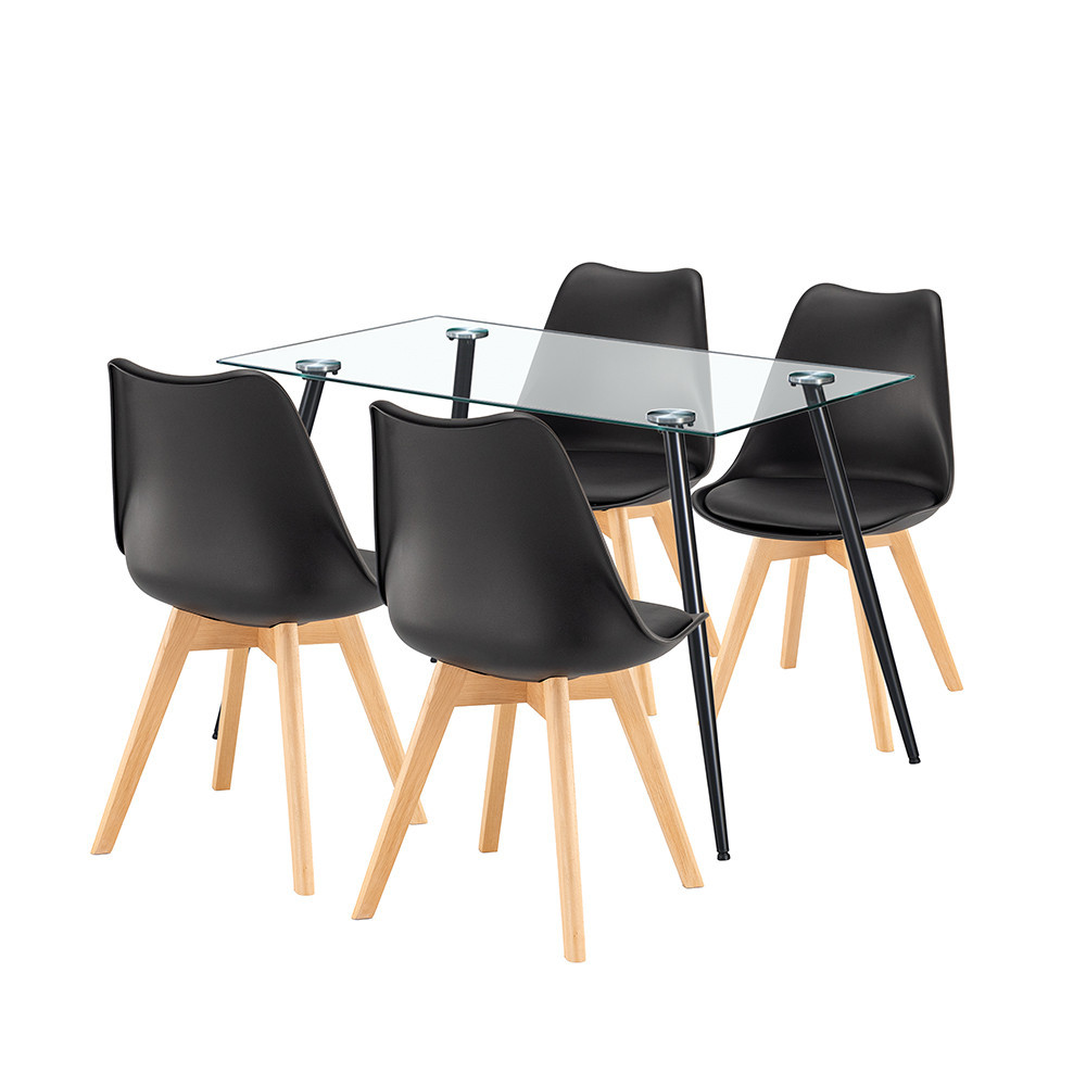 Set masă dining Leziter Milo 4+1 cu blat din sticlă și 4 scaune negre