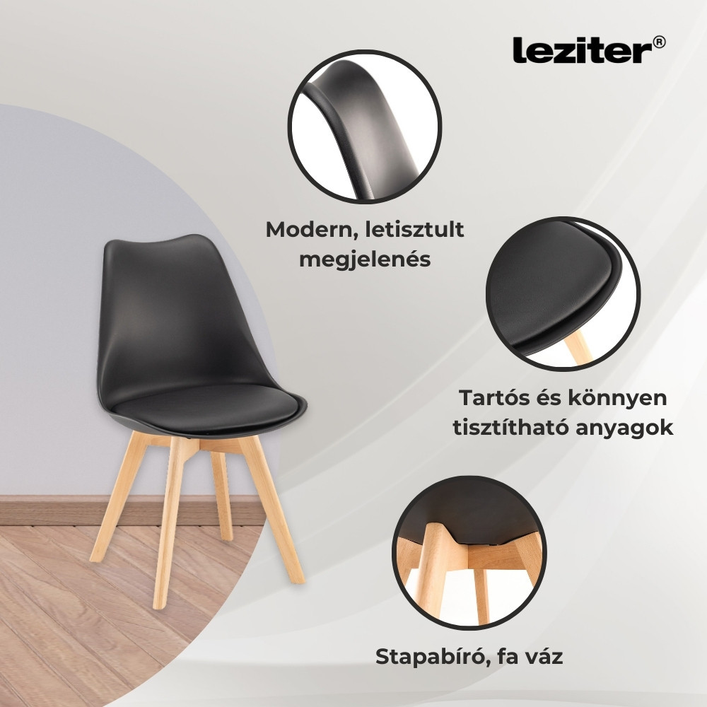 Set masă dining Leziter Milo 4+1 cu blat din sticlă și 4 scaune negre