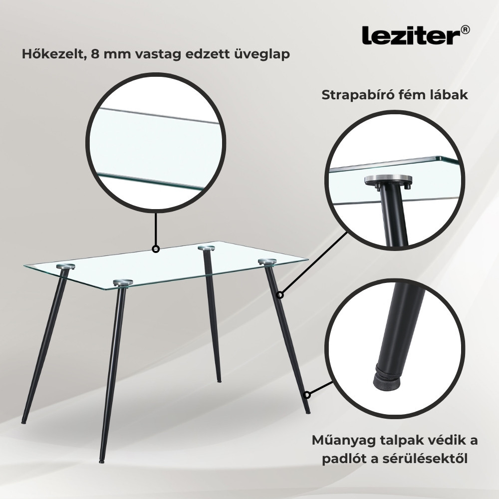 Set masă dining Leziter Milo 4+1 cu blat din sticlă și 4 scaune negre