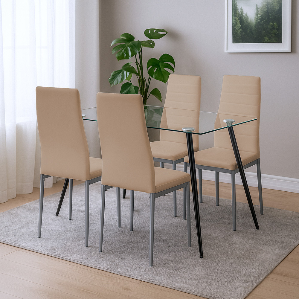 Set de dining Leziter Nash 4+1, masă sticlă securizată și 4 scaune bej-gri