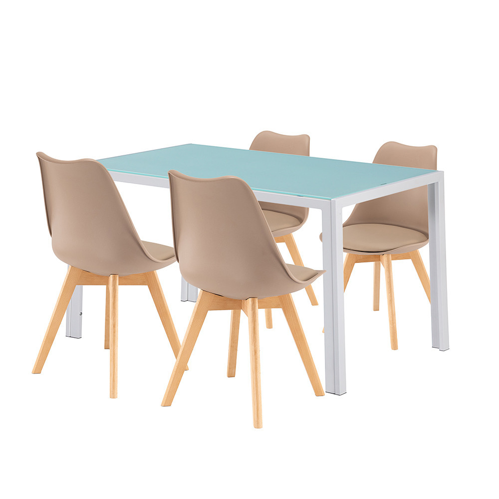 Set dining Leziter Nuvia 4+1 alb-bej, masă sticlă 140 cm și 4 scaune