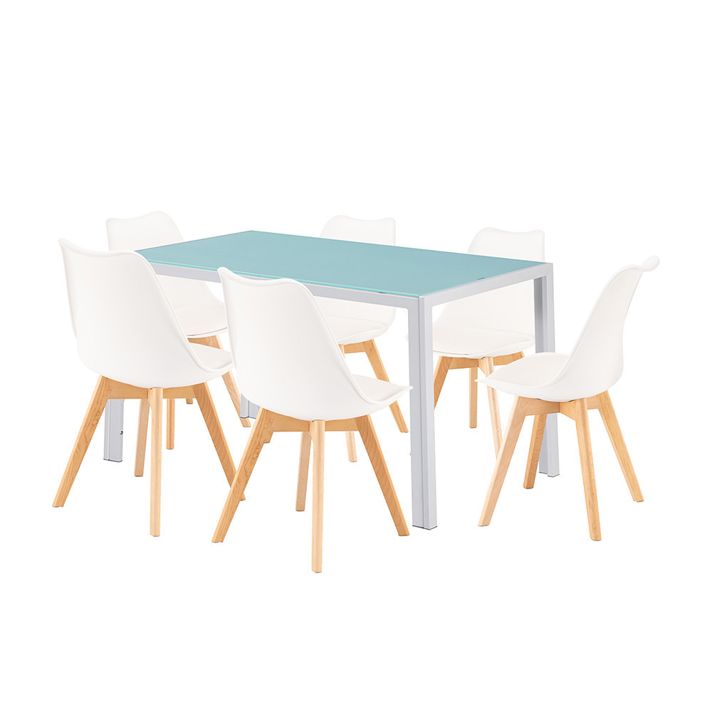 Set de dining Leziter Nuvia 6+1 alb, masă din sticlă 140x80 cm