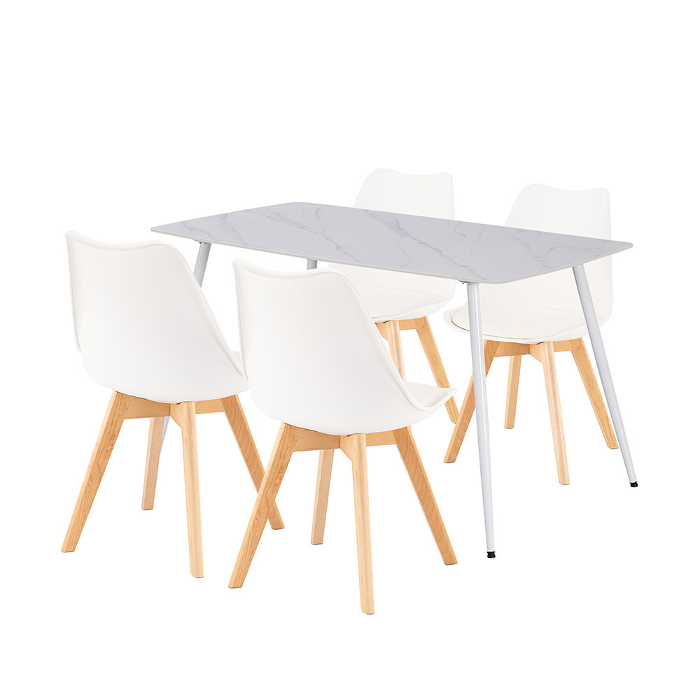 Set dining Leziter Ravena 4+1, masă cu blat din piatră sinterizată și 4 scaune albe