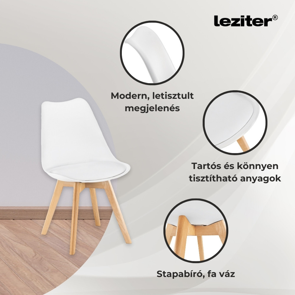 Set dining Leziter Ravena 4+1, masă cu blat din piatră sinterizată și 4 scaune albe