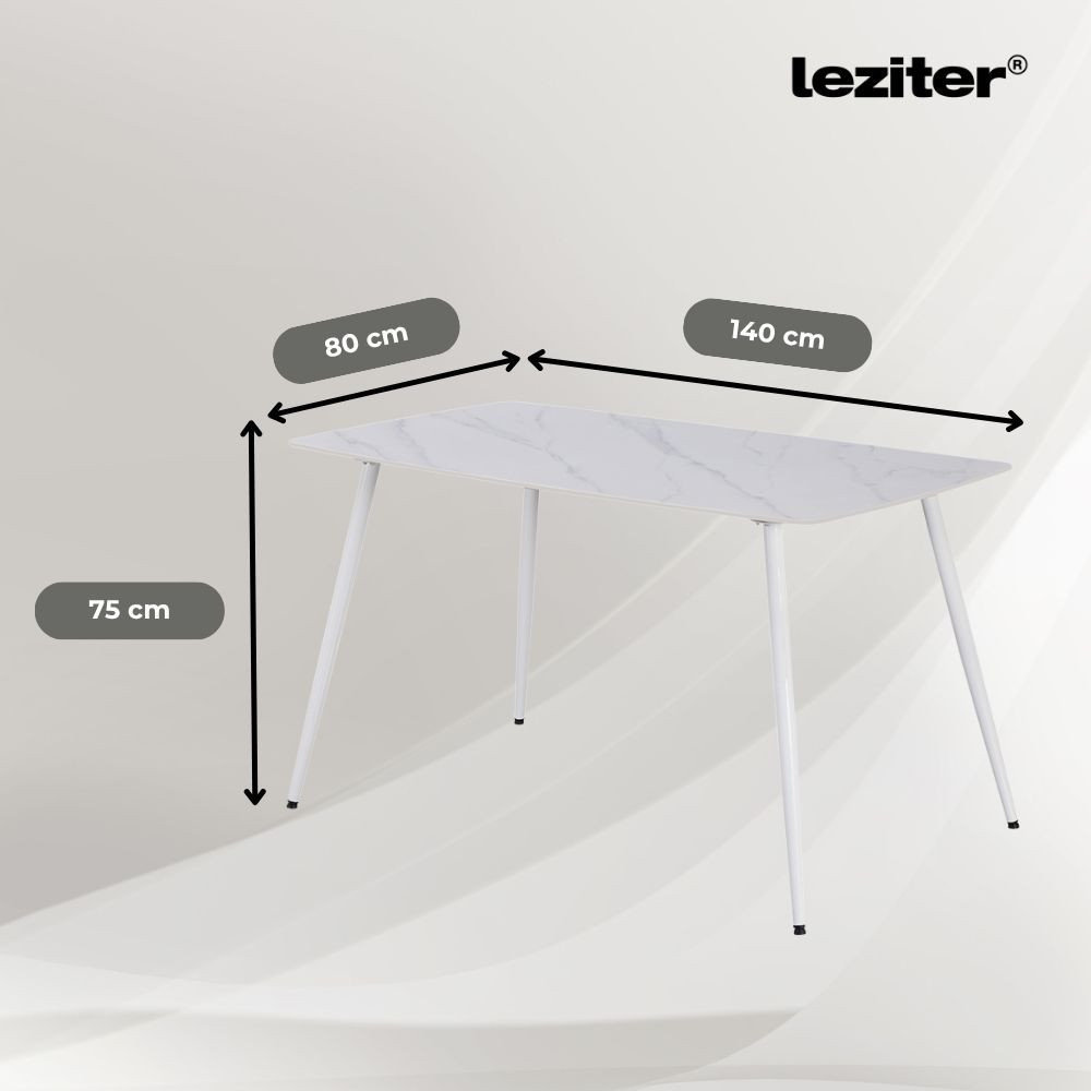 Set dining Leziter Ravena 4+1, masă cu blat din piatră sinterizată și 4 scaune albe
