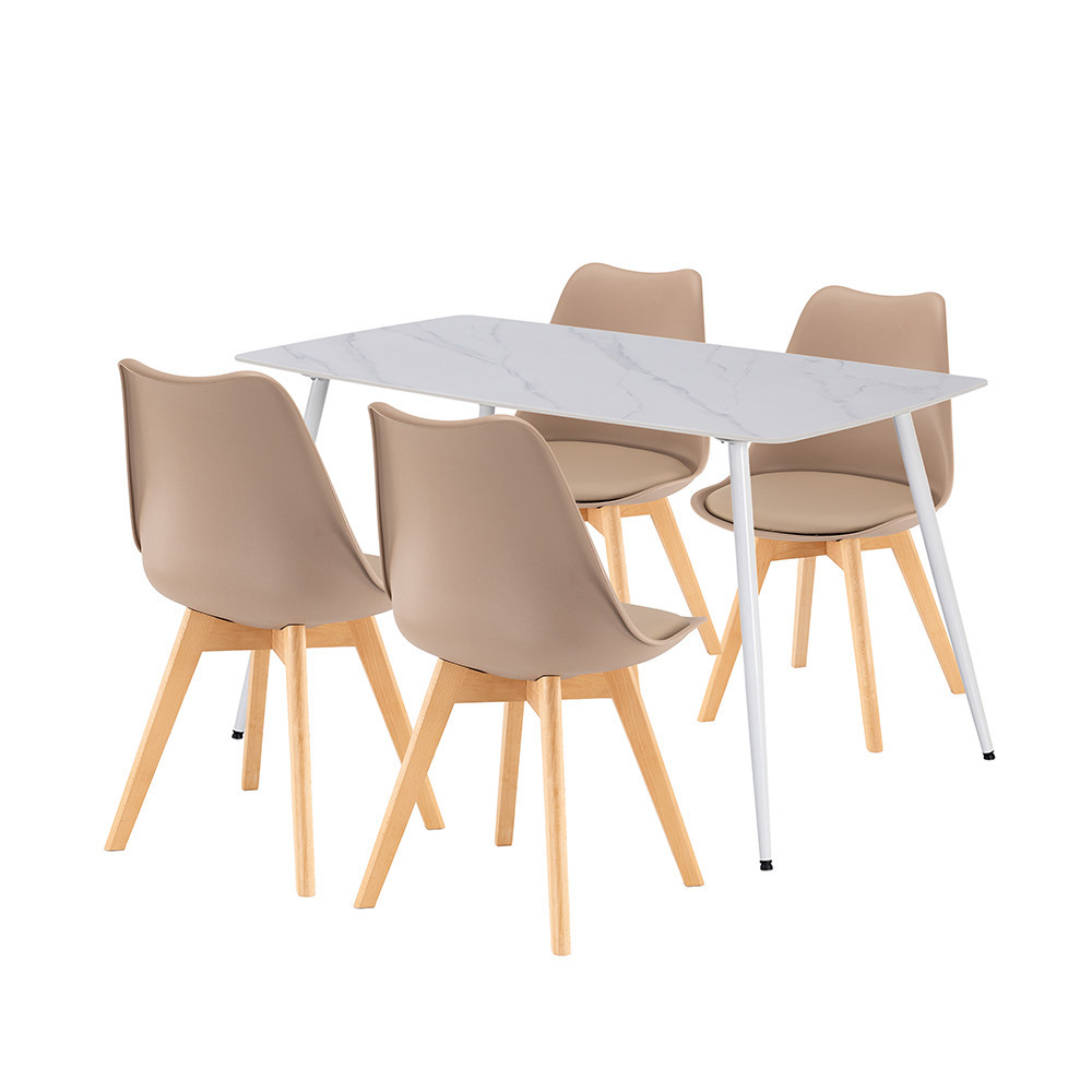 Set dining Leziter Ravena 4+1 alb-bej, masă 140x80 cm, 4 scaune