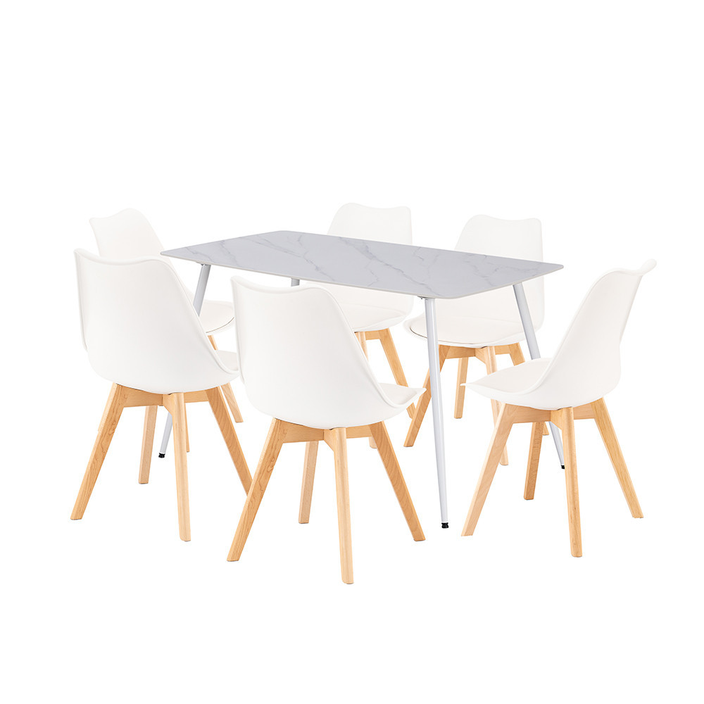 Set dining Leziter Ravena 6+1 cu masă piatră sinterizată, alb-bej, 6 locuri