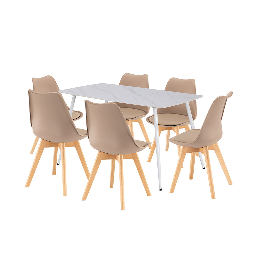 Set dining Leziter Ravena 6+1, masă piatră sinterizată albă și 6 scaune bej