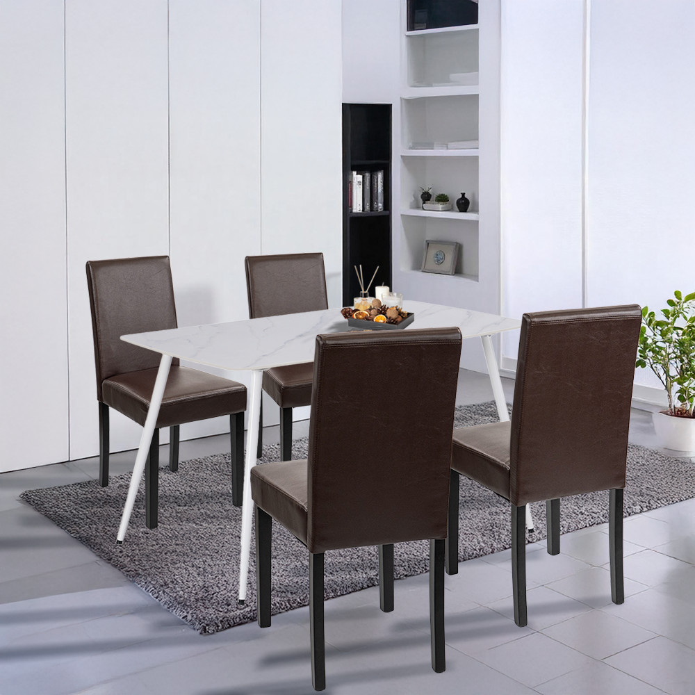 Set masă cu 4 scaune Leziter Megan alb-maro, blat din piatră sinterizată 140x80