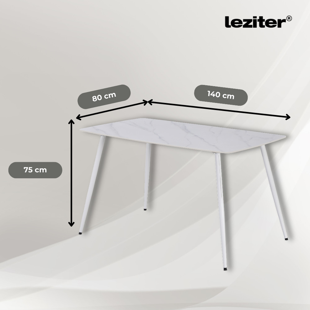 Set masă cu 4 scaune Leziter Megan alb-maro, blat din piatră sinterizată 140x80