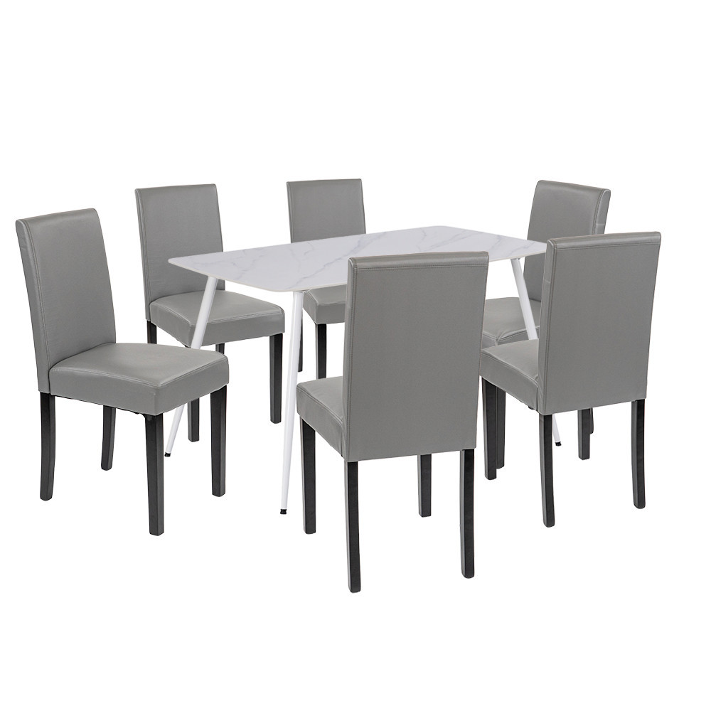 Set masă dining Leziter Megan 6+1 alb-gri, cu masă Bora 140 cm și 6 scaune Kelly