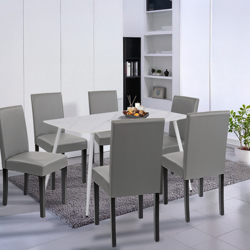 Set masă dining Leziter Megan 6+1 alb-gri, cu masă Bora 140 cm și 6 scaune Kelly