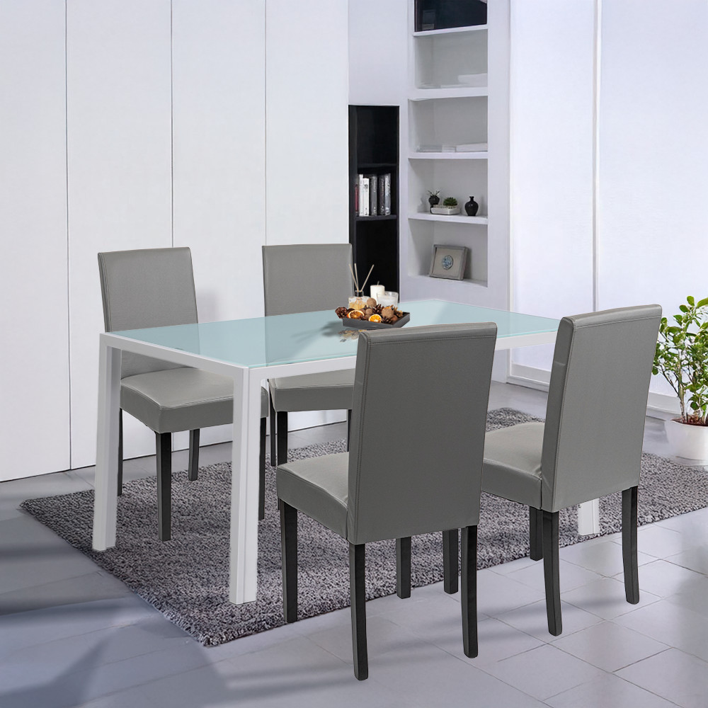 Set masă dining Leziter Mira 4+1 alb-gri cu blat din sticlă securizată 8 mm