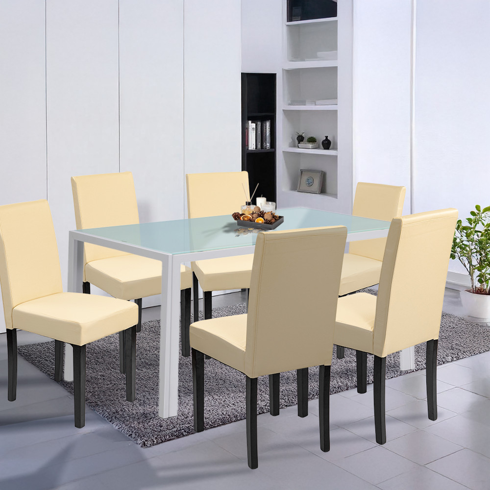 Set de masă Leziter Mira 6+1, alb-bej, masă din sticlă și 6 scaune ECO