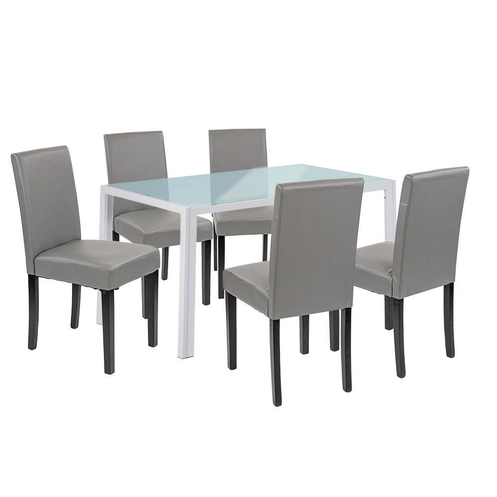 Set masă dining Leziter Mira 6+1 alb-gri cu masă din sticlă și 6 scaune