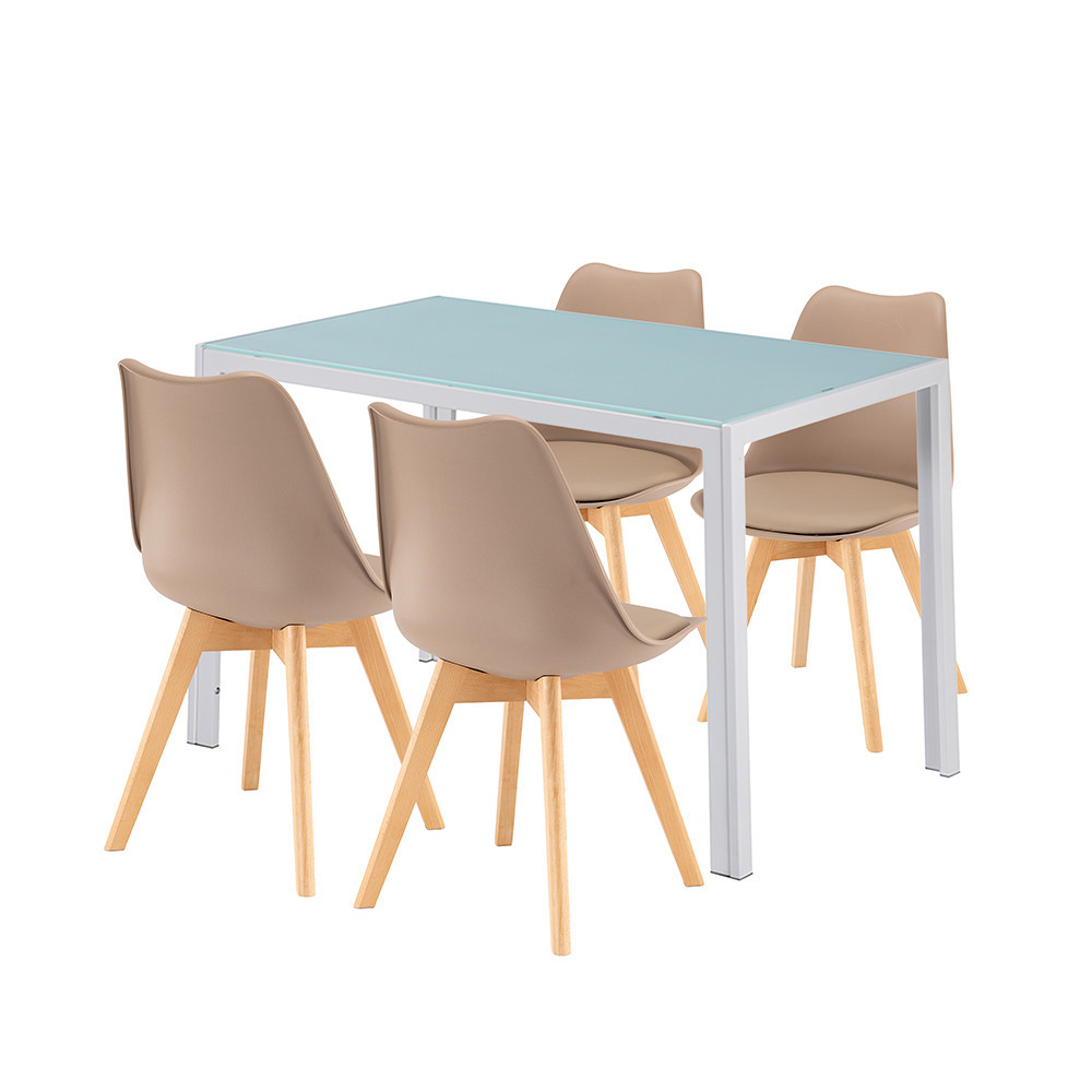 Set dining Leziter Liva 4+1 alb-bej, masă din sticlă 120 cm și 4 scaune