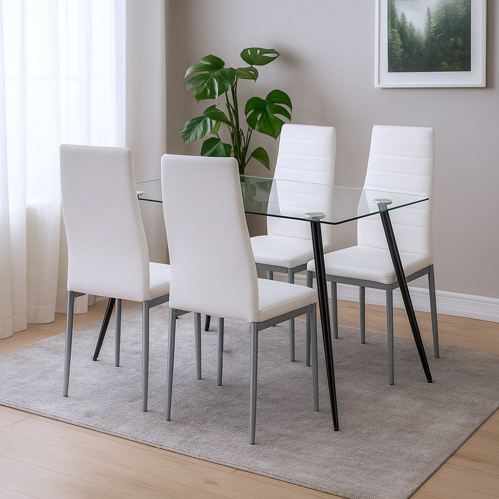 Set dining Leziter Nash 4+1 alb-gri, masă din sticlă securizată și 4 scaune