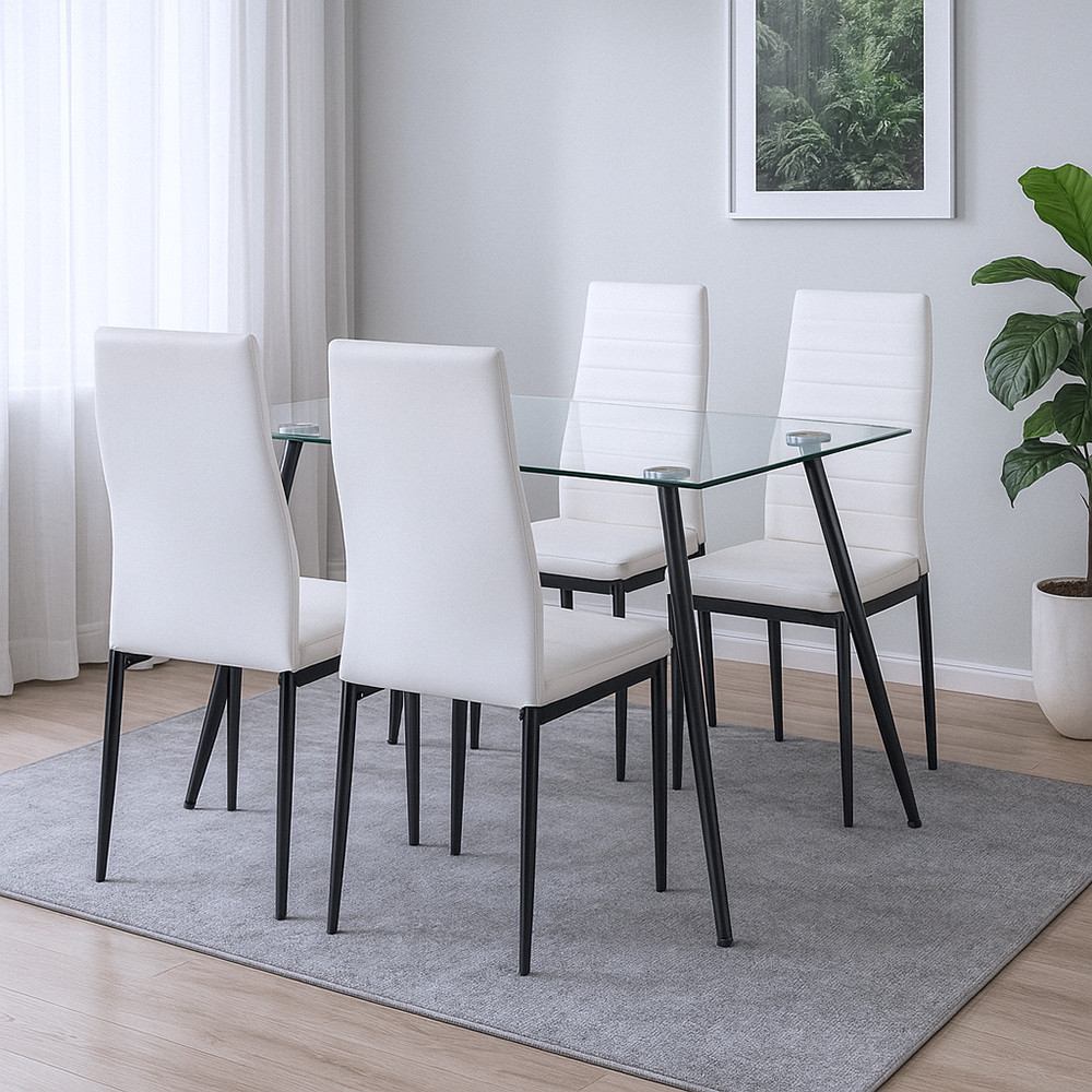 Set dining Leziter Nash 4+1 alb-negru cu masă din sticlă securizată 120 cm