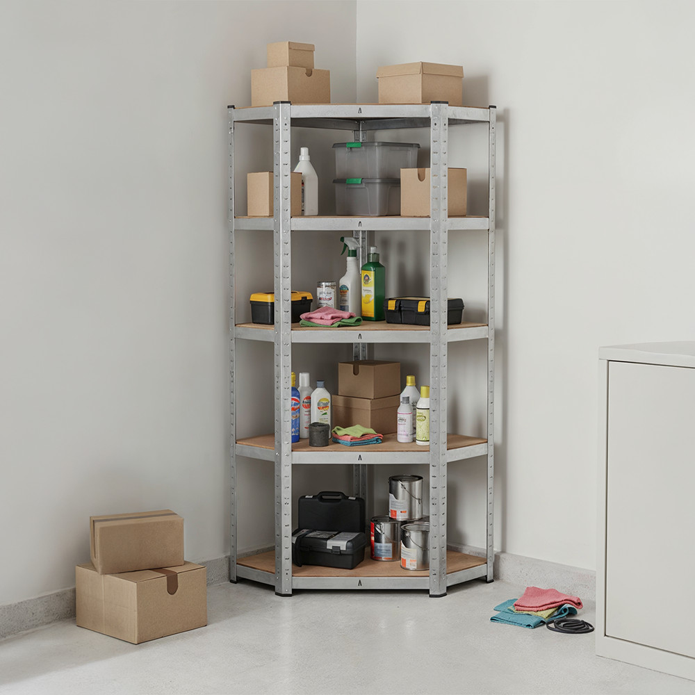 Raft de colț metalic Leziter heavy-duty, 5 polițe, 180x70x40-40 cm, crom