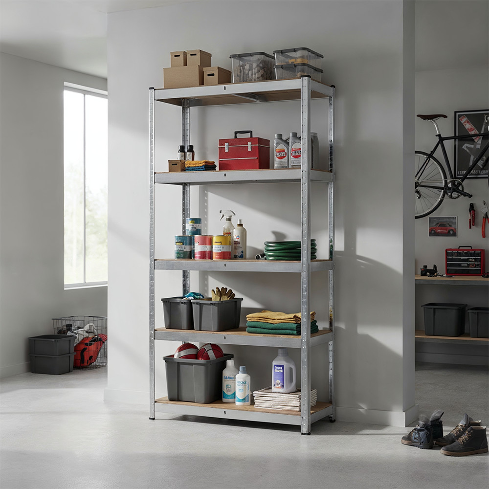 Raft metalic Leziter robust 180x90x30 cm, 5 polite MDF, 175 kg/raft, crom