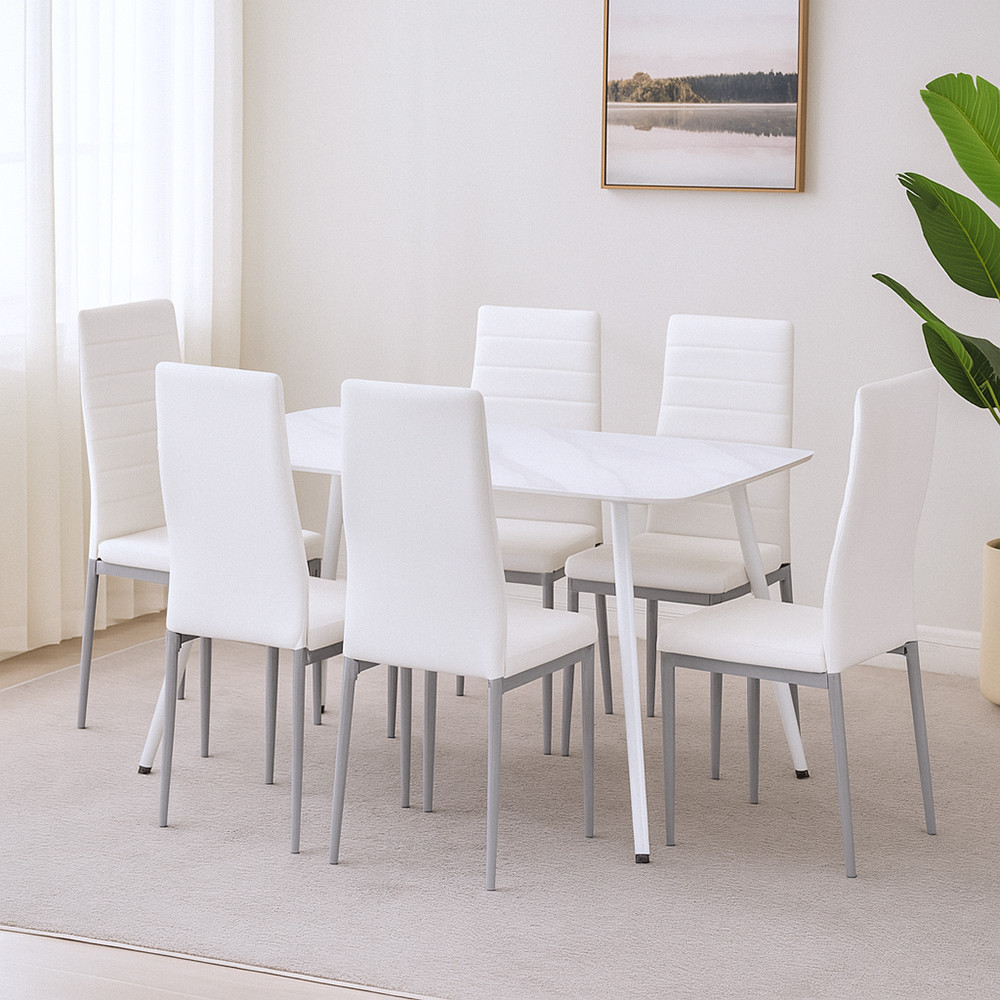 Set de dining Leziter Renton 6+1, alb-gri, masă cu blat sinterizat 140x80