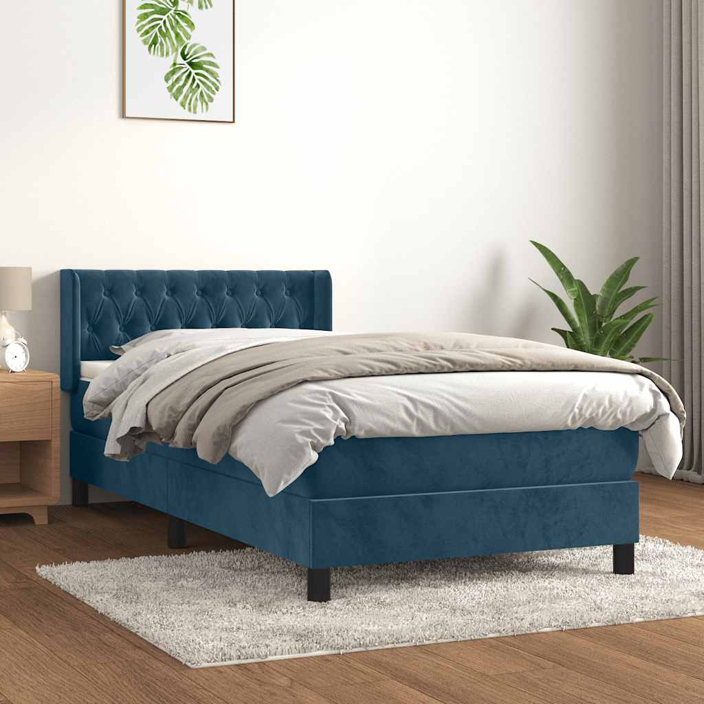 Pat box spring cu saltea, albastru închis, 90x190 cm, catifea GartenMobel Dekor