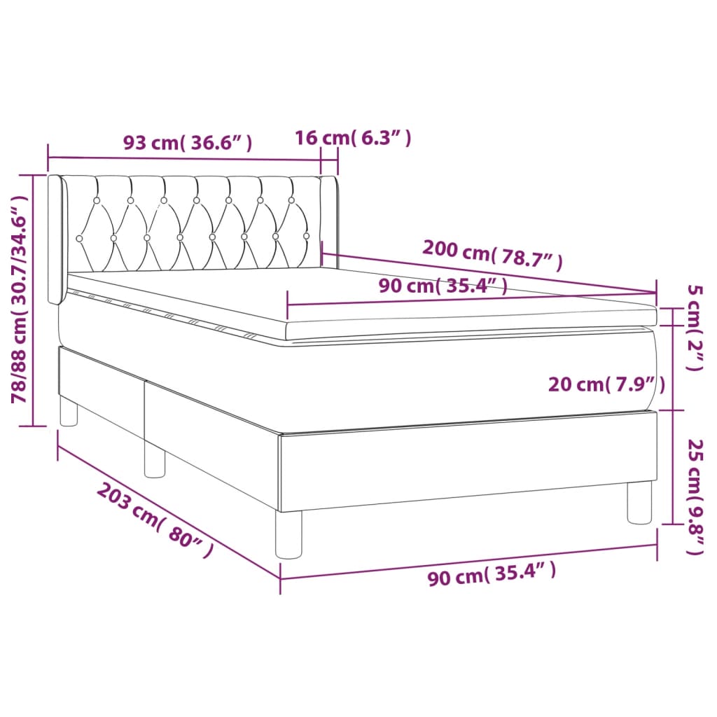 Pat box spring cu saltea, gri deschis, 90x200 cm, catifea GartenMobel Dekor
