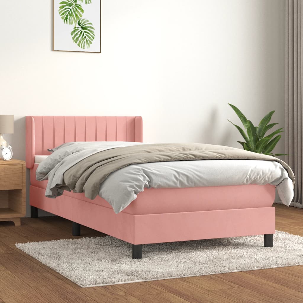 Pat box spring cu saltea, roz, 90x190 cm, catifea GartenMobel Dekor
