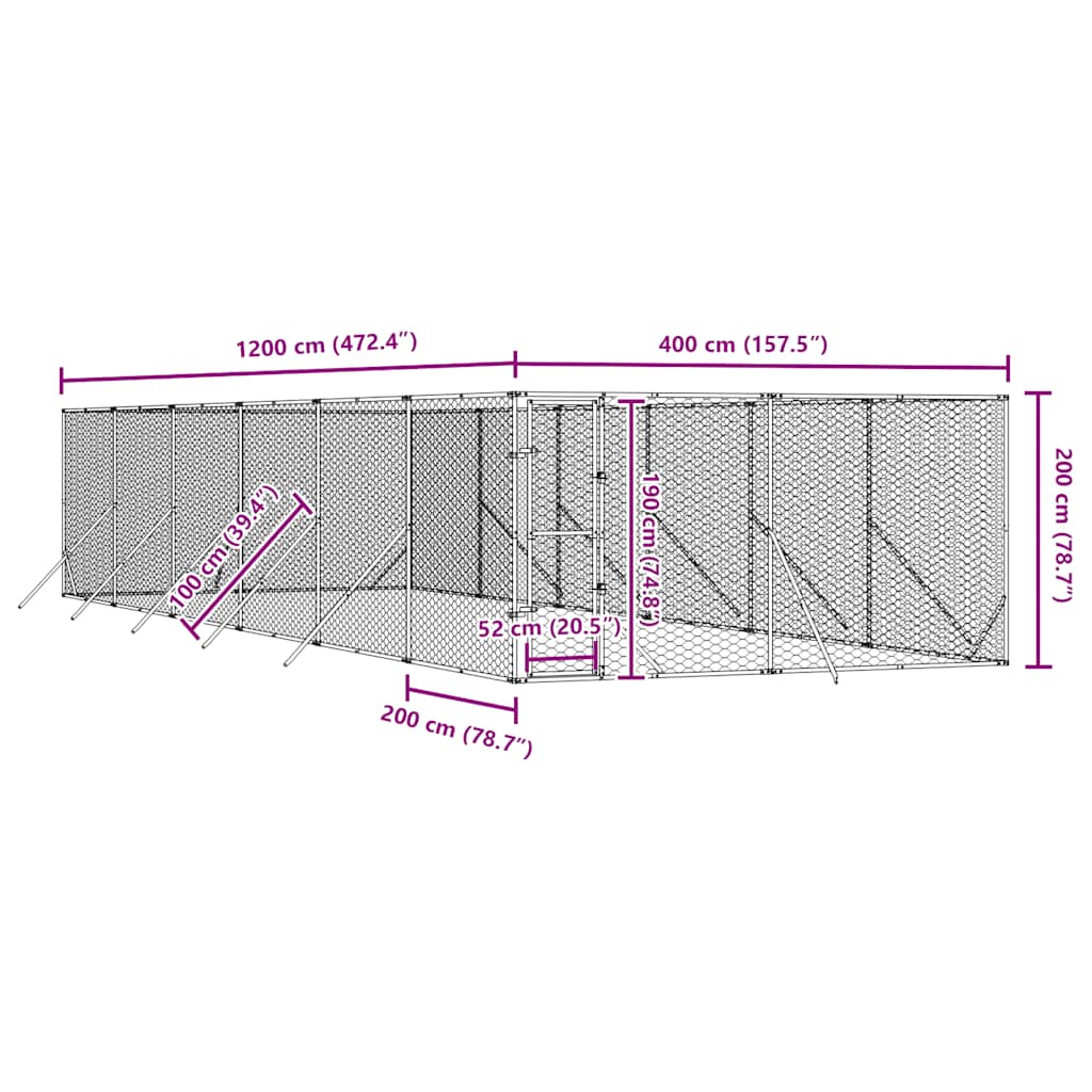 Padoc de exterior pentru câini argintiu 4x12x2m oțel galvanizat GartenMobel Dekor