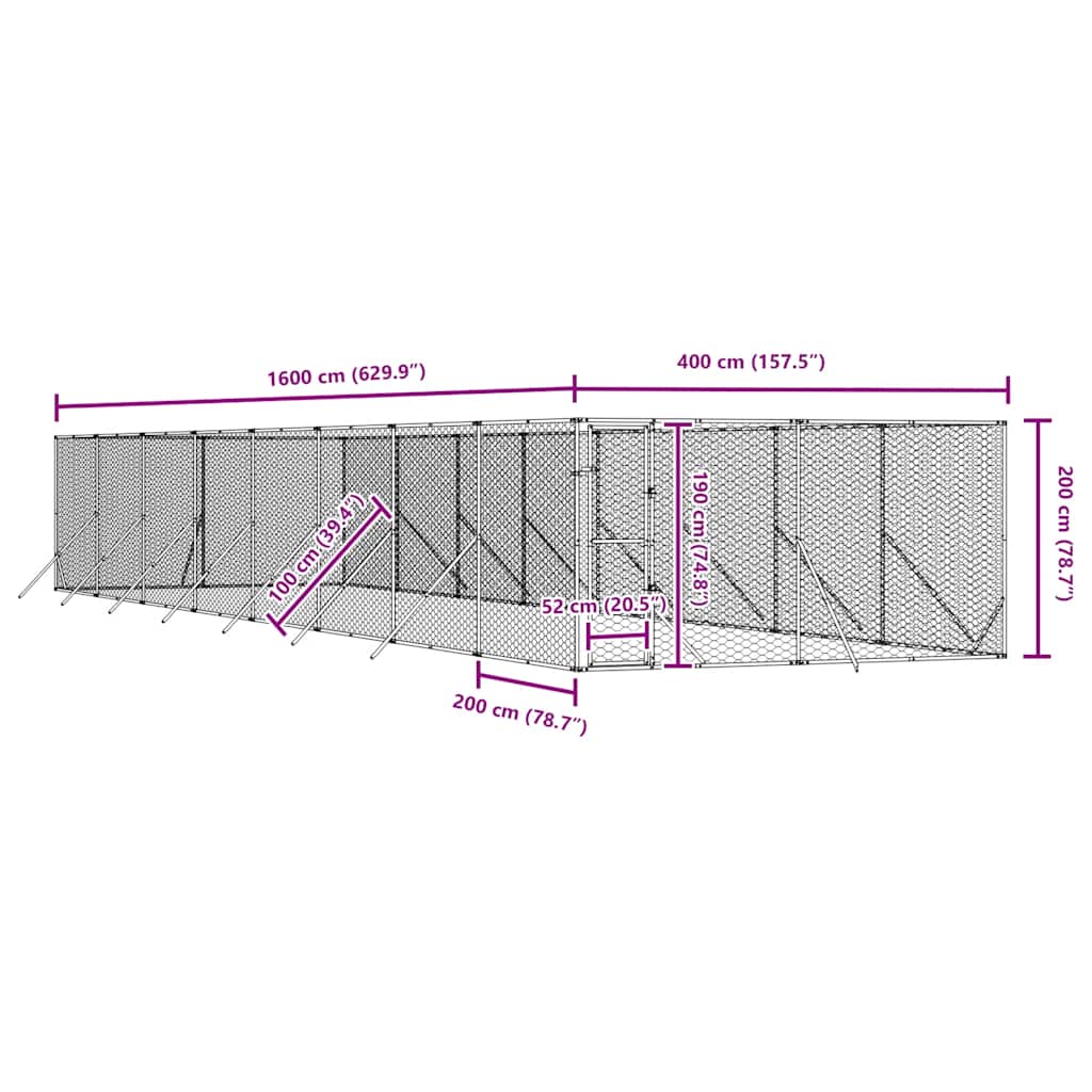 Padoc de exterior pentru câini argintiu 4x16x2m oțel galvanizat GartenMobel Dekor