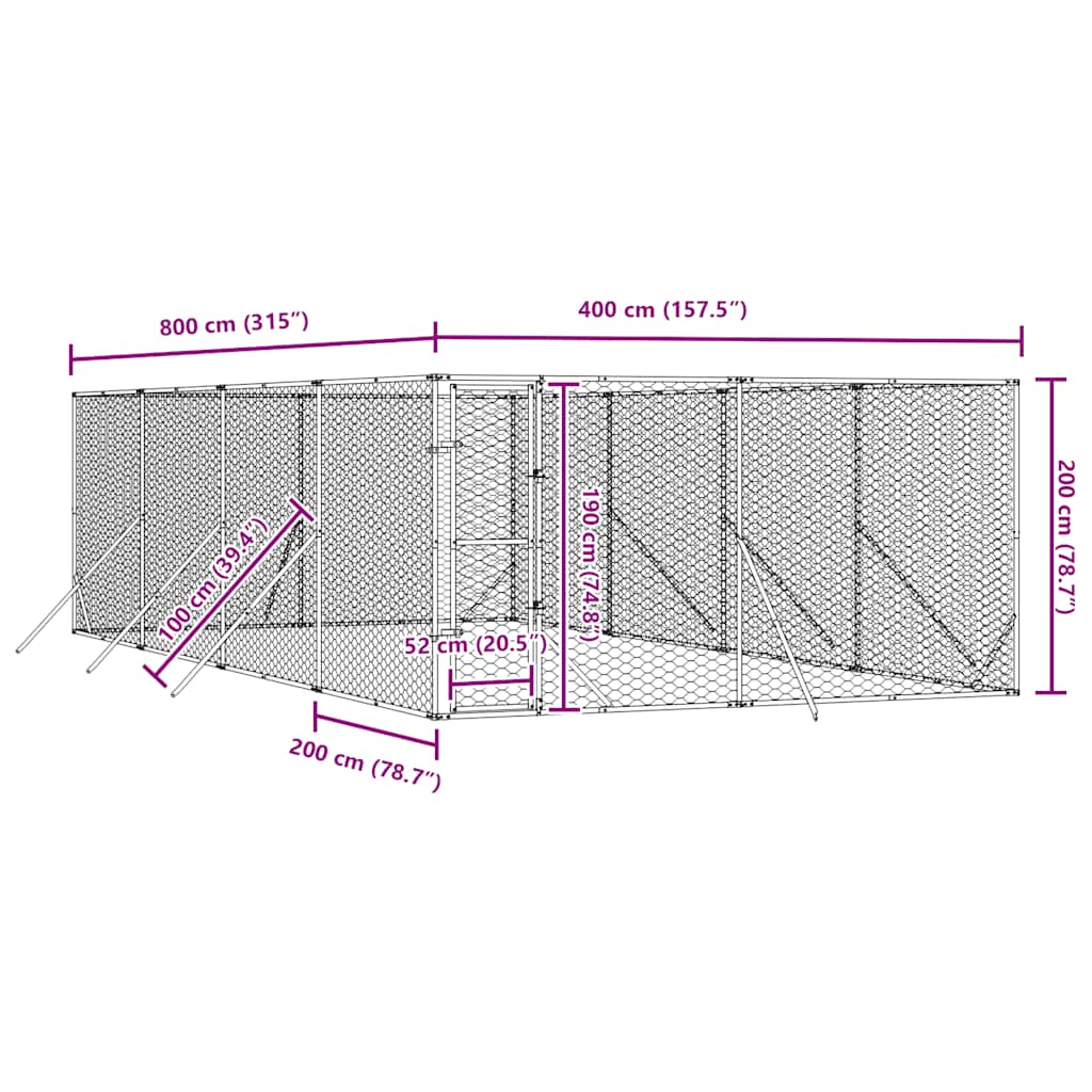 Padoc de exterior pentru câini argintiu 4x8x2 m oțel galvanizat GartenMobel Dekor