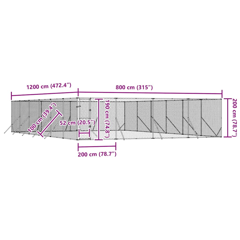 Padoc de exterior pentru câini argintiu 8x12x2m oțel galvanizat GartenMobel Dekor