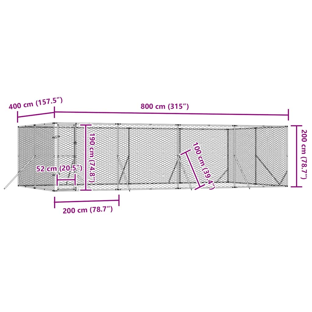 Padoc de exterior pentru câini argintiu 8x4x2 m oțel galvanizat GartenMobel Dekor