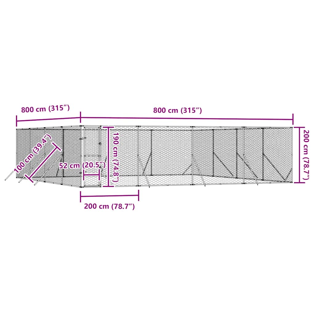 Padoc de exterior pentru câini argintiu 8x8x2 m oțel galvanizat GartenMobel Dekor