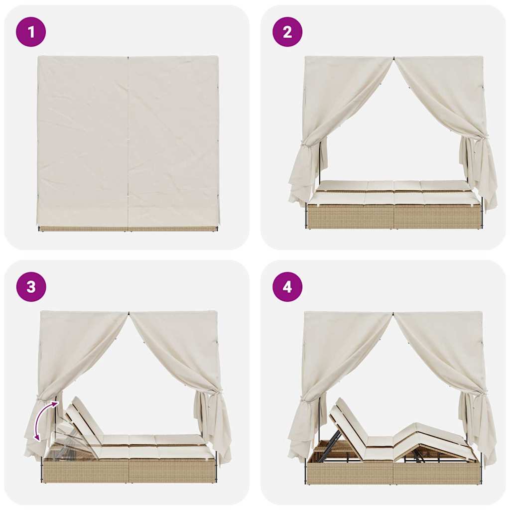 Șezlong dublu cu perdele Bej 205 x 129 x 200 cm poliratan GartenMobel Dekor