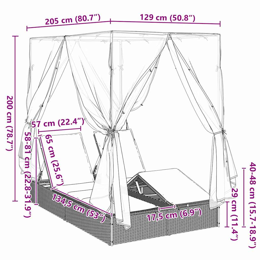 Șezlong dublu cu perdele Bej 205 x 129 x 200 cm poliratan GartenMobel Dekor